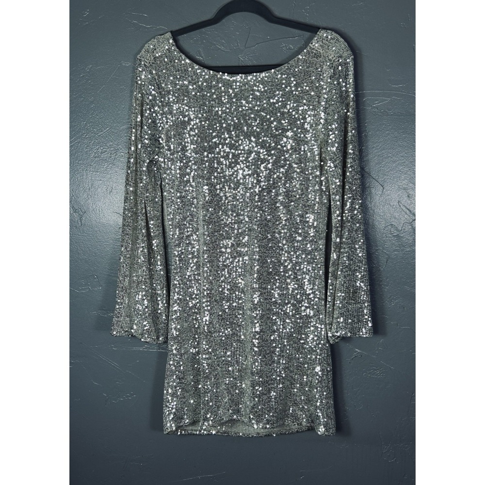 River Island Silver Sequin Cowl Neck/Back Mini Dress Size 6 Holiday Bachelorette